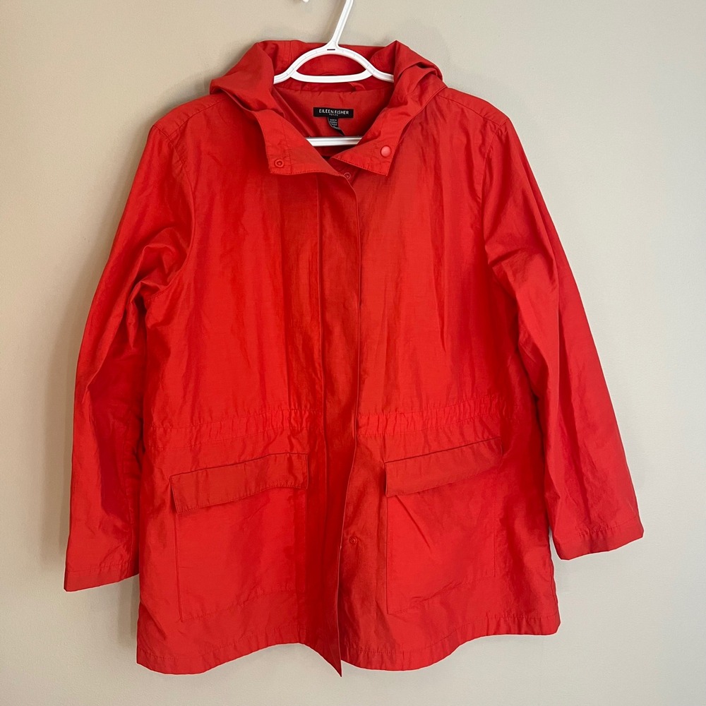 Eileen Fisher Petite M Coral Pink Hooded Zip Jacket Cinched Waist Windbreaker